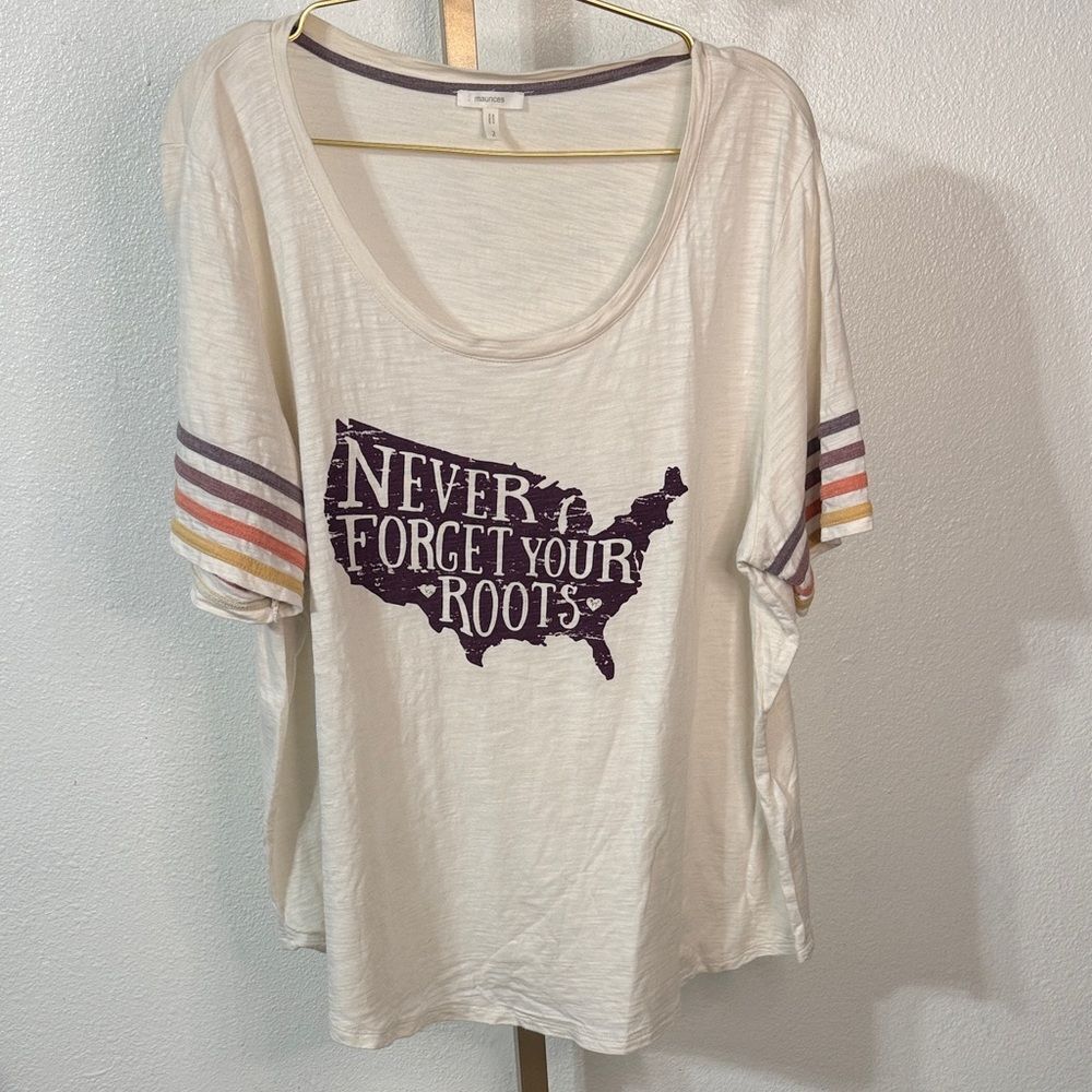 Maurices -Cream Tee “never forget your roots” graphic& Striped Sleeves- Size 2X
